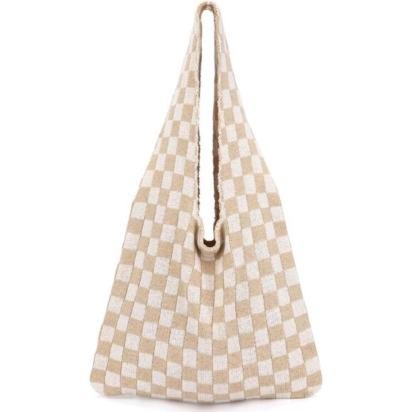 Khaki Checkered Crochet Beach Tote for Women Summer Casual Vintage Stylish Large - Picture 1 of 6